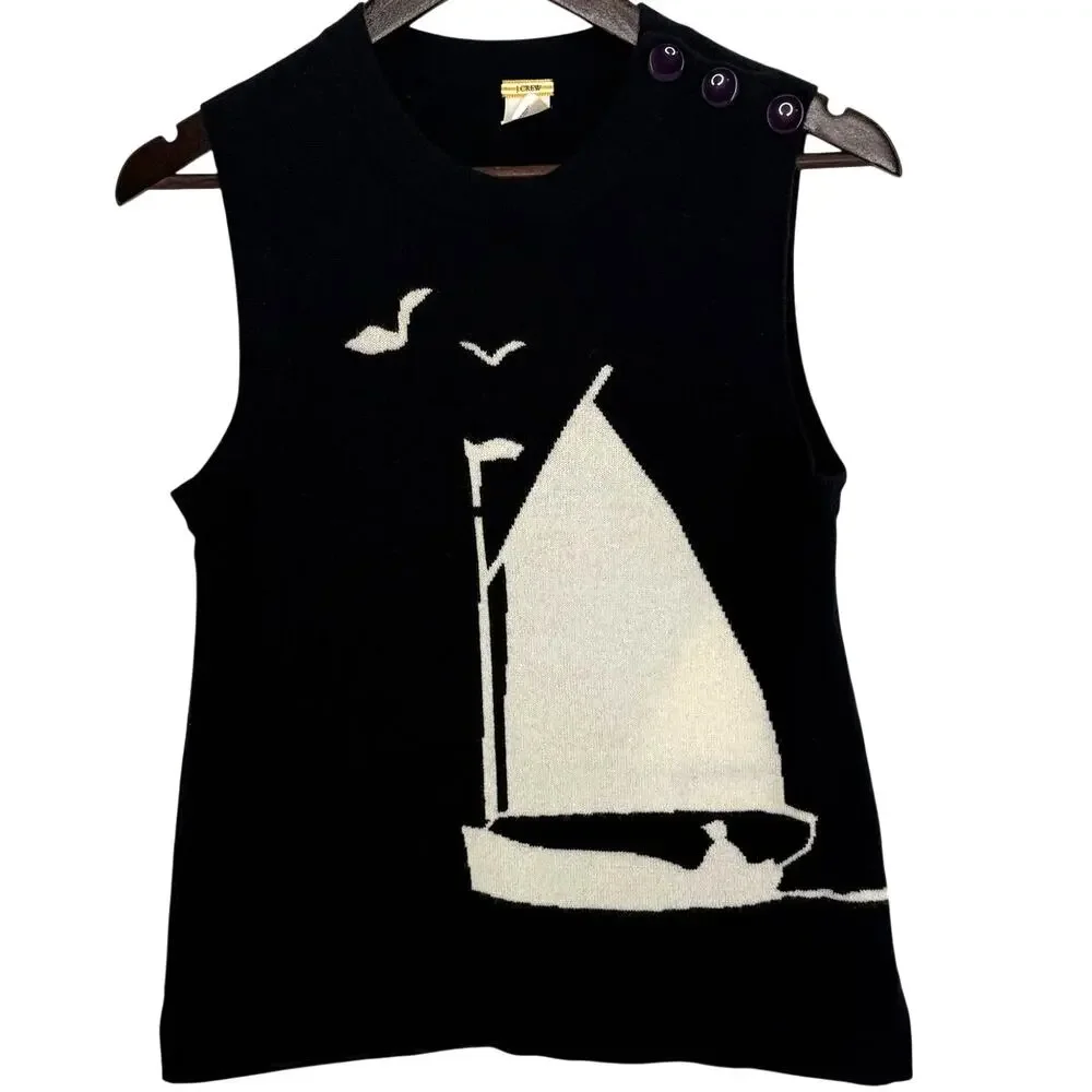 J.Crew Cashmere Sweater Vest Womens M Navy Blue Sailboat Intarsia Coastal 2007